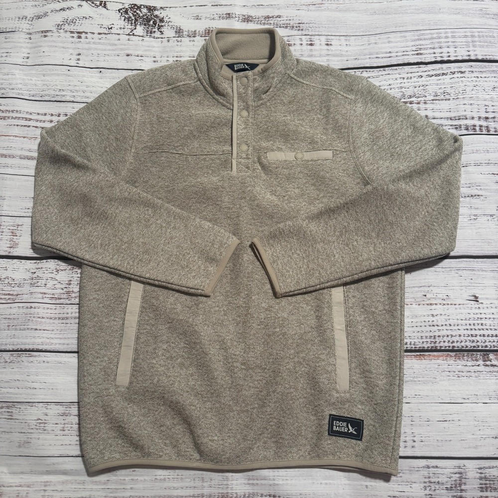 Eddie Bauer Sweater Fleece Snap 1/4 Button‎ Chest Pocket Tan Men's Medium